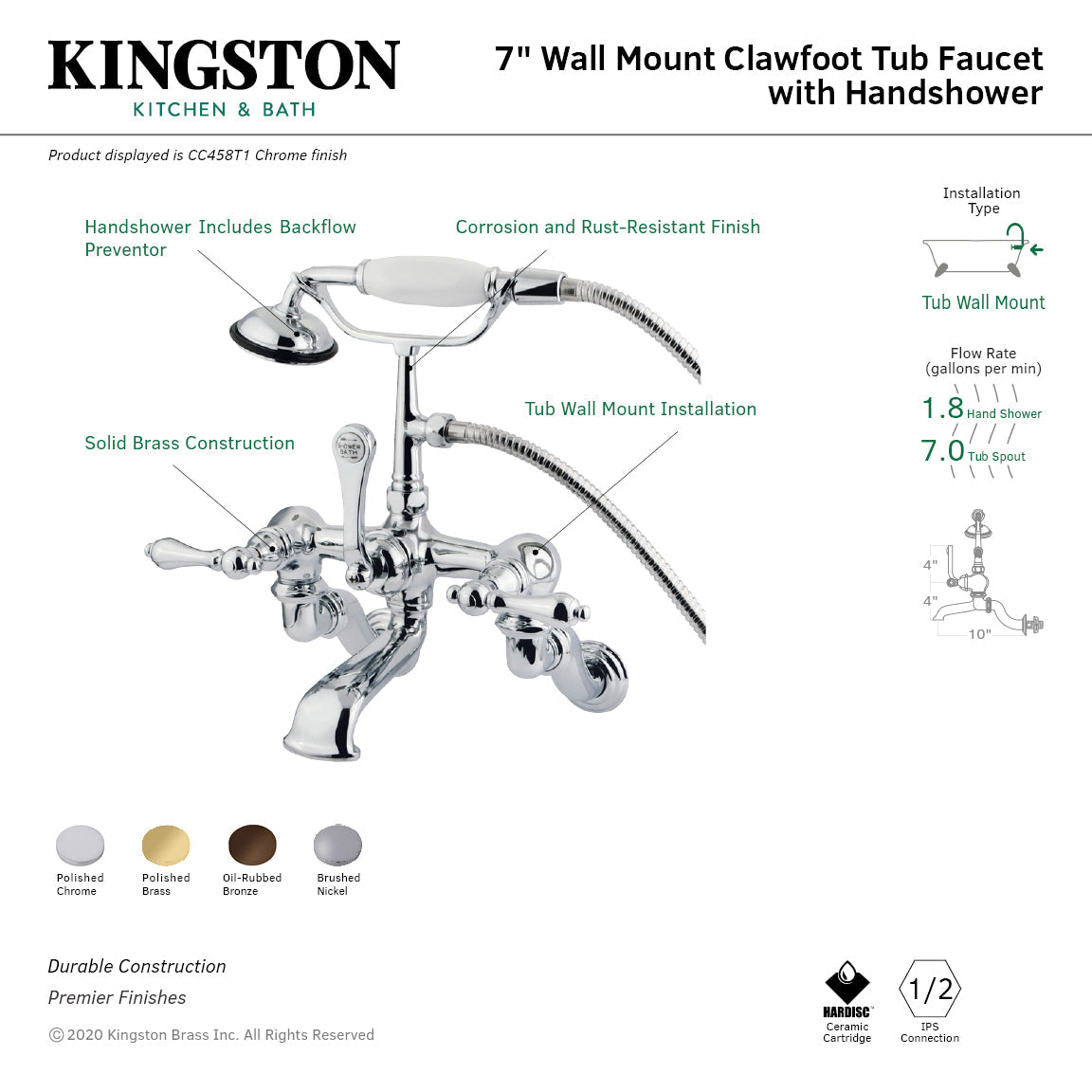 Vintage CC457T5 Three-Handle 2-Hole Tub Wall Mount Clawfoot Tub Faucet with Hand Shower, Oil Rubbed Bronze