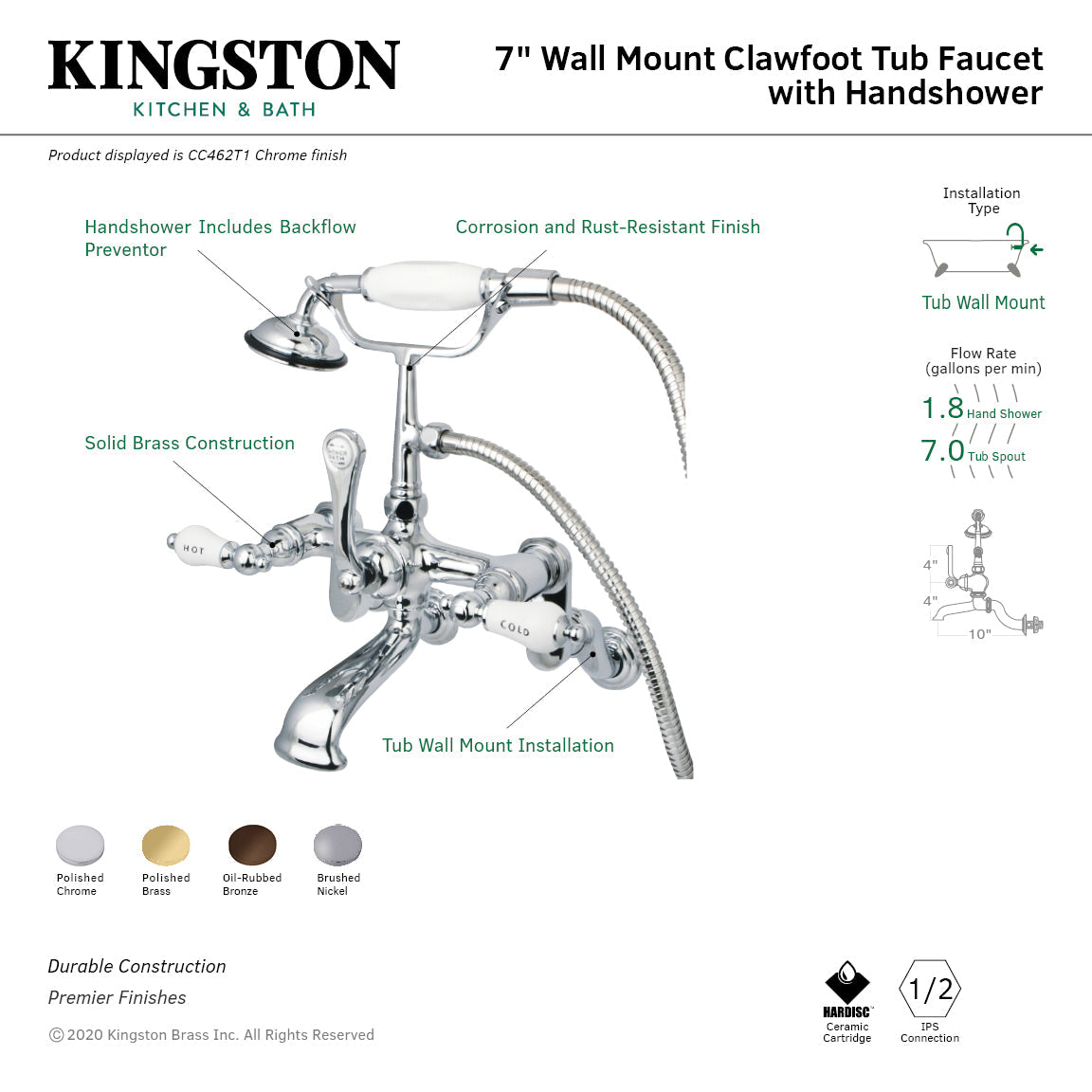 Vintage CC462T1 Three-Handle 2-Hole Tub Wall Mount Clawfoot Tub Faucet with Hand Shower, Polished Chrome