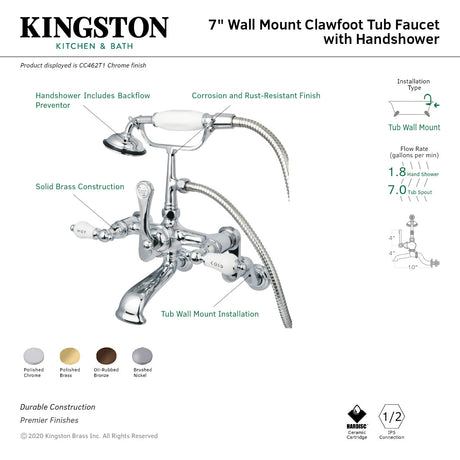 Vintage CC462T1 Three-Handle 2-Hole Tub Wall Mount Clawfoot Tub Faucet with Hand Shower, Polished Chrome