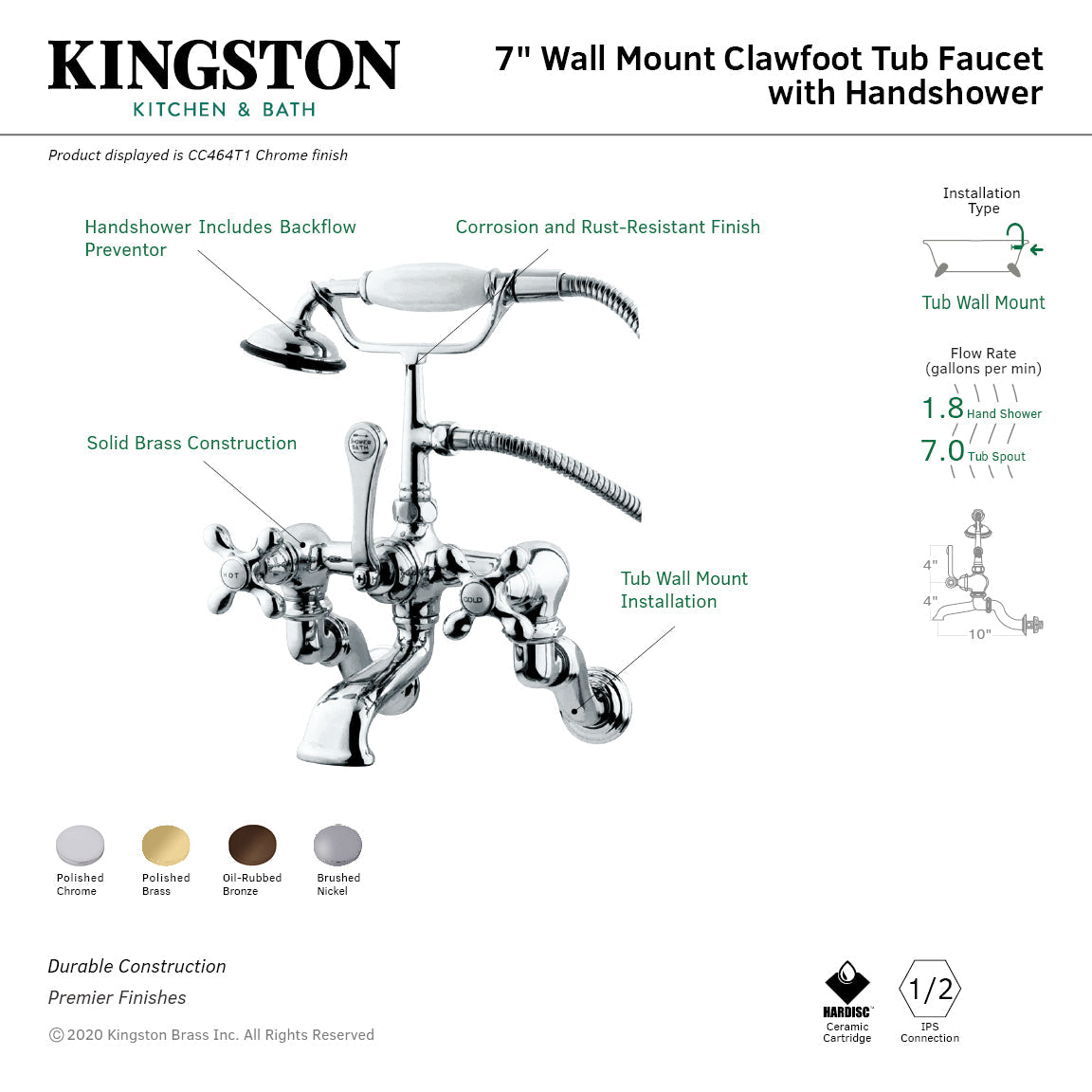 Vintage CC464T1 Three-Handle 2-Hole Tub Wall Mount Clawfoot Tub Faucet with Hand Shower, Polished Chrome