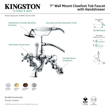 Vintage CC464T1 Three-Handle 2-Hole Tub Wall Mount Clawfoot Tub Faucet with Hand Shower, Polished Chrome