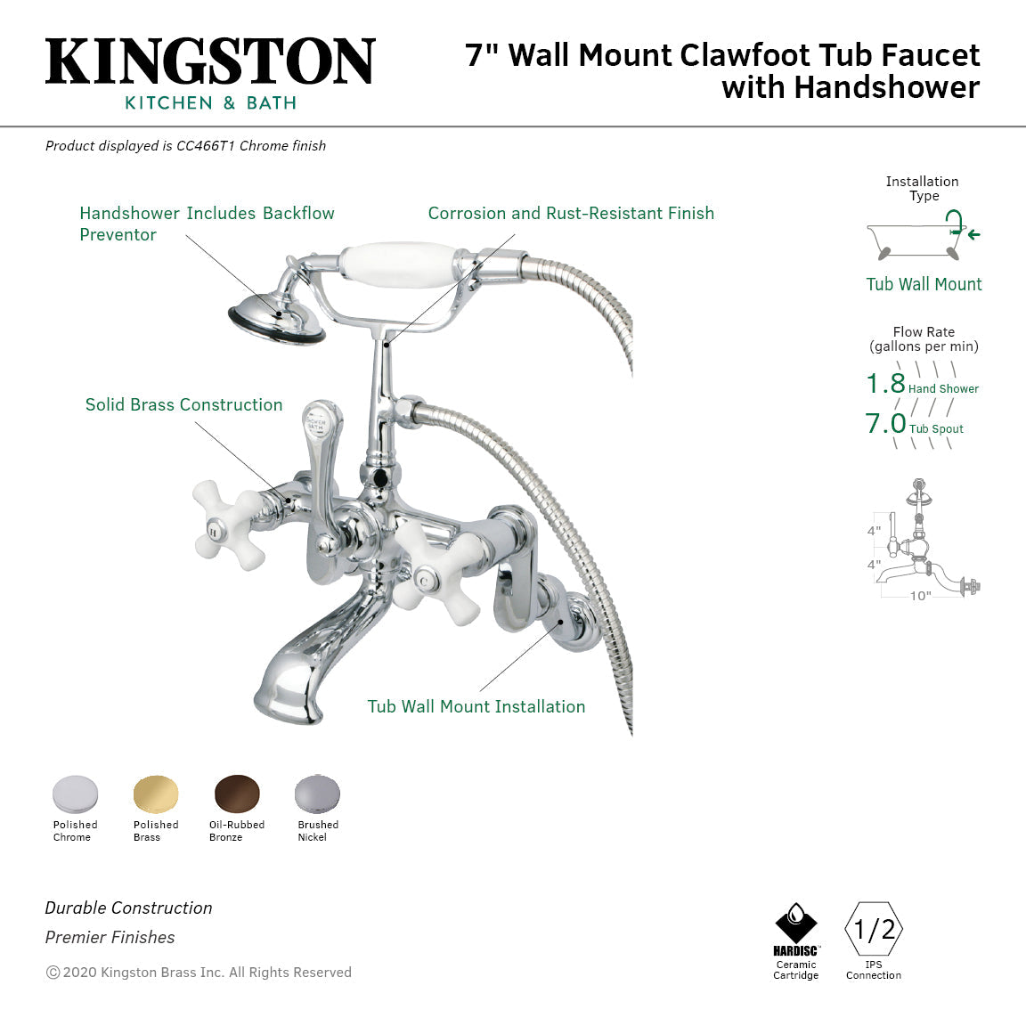 Vintage CC466T1 Three-Handle 2-Hole Tub Wall Mount Clawfoot Tub Faucet with Hand Shower, Polished Chrome