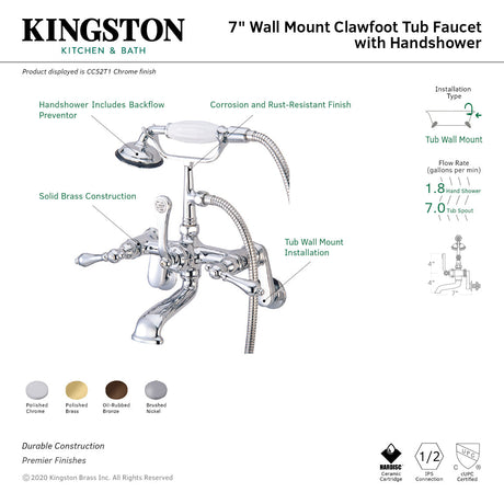 Vintage CC51T8 Three-Handle 2-Hole Tub Wall Mount Clawfoot Tub Faucet with Hand Shower, Brushed Nickel