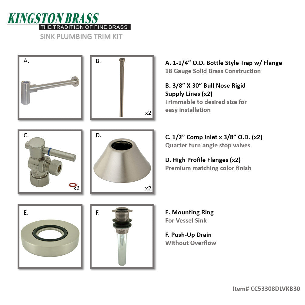 Trimscape CC53308DLVKB30 Contemporary Plumbing Sink Trim Kit with Bottle Trap and Drain, Brushed Nickel