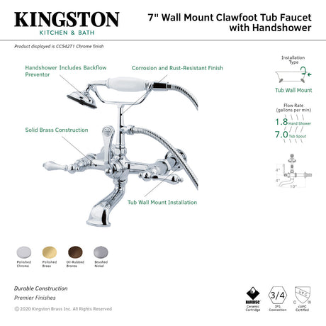 Vintage CC541T2 Three-Handle 2-Hole Tub Wall Mount Clawfoot Tub Faucet with Hand Shower, Polished Brass