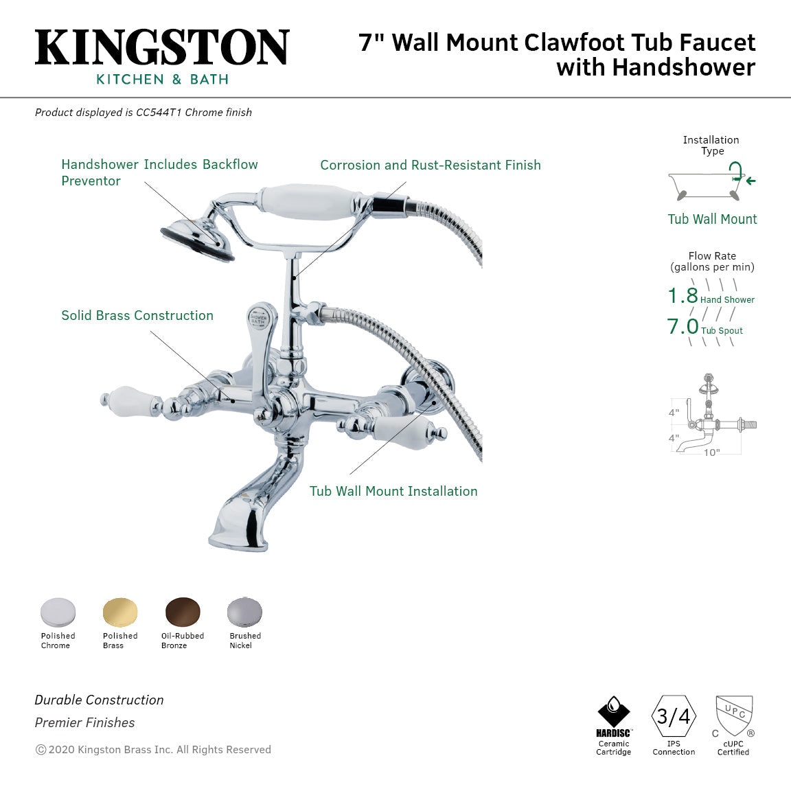 Vintage CC543T8 Three-Handle 2-Hole Tub Wall Mount Clawfoot Tub Faucet with Hand Shower, Brushed Nickel