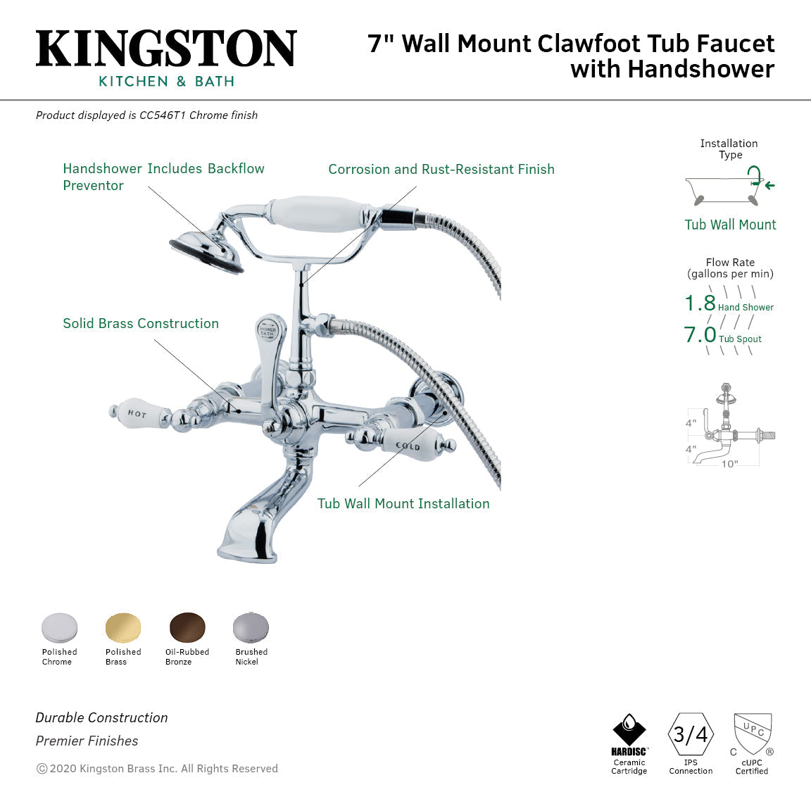 Vintage CC545T2 Three-Handle 2-Hole Tub Wall Mount Clawfoot Tub Faucet with Hand Shower, Polished Brass