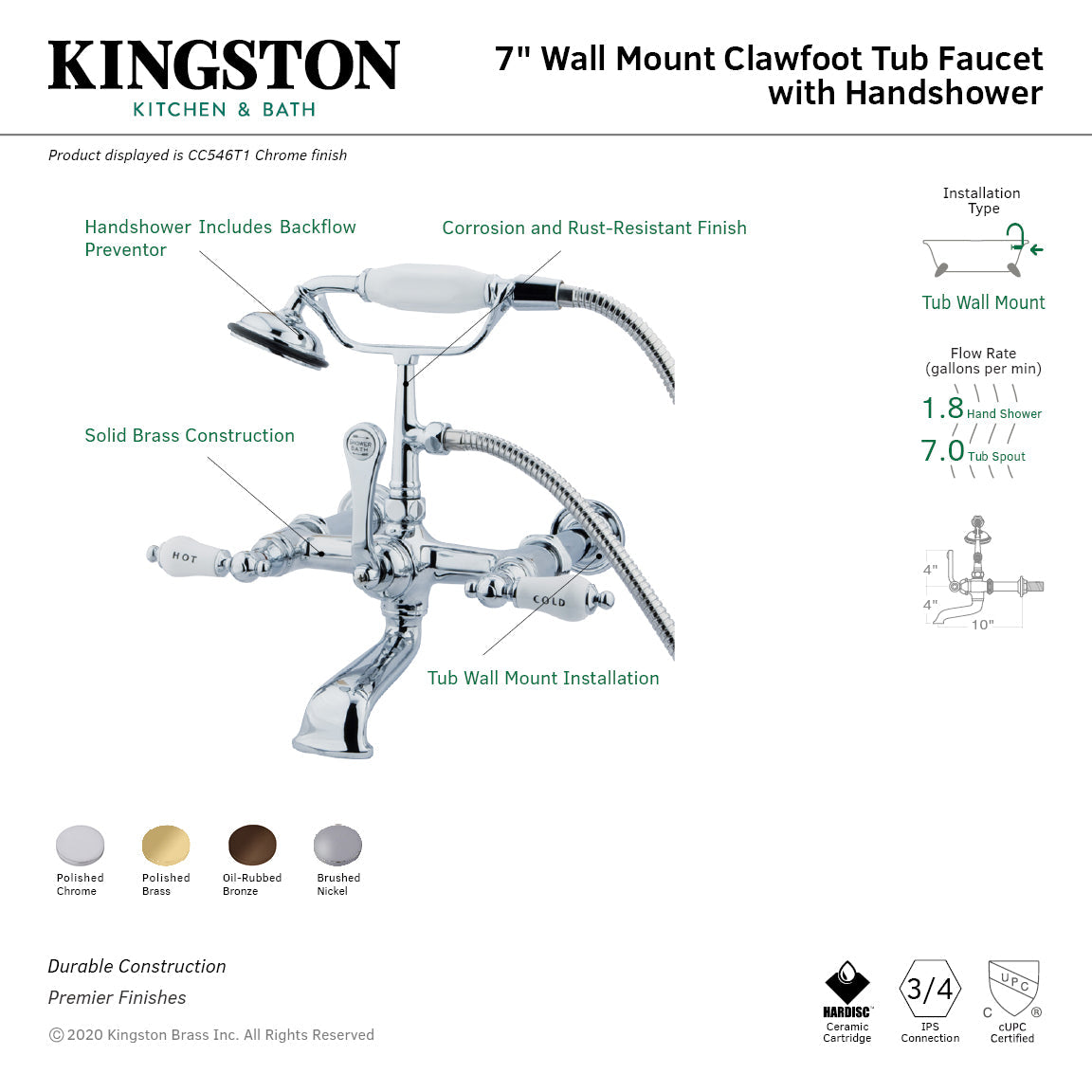 Vintage CC546T1 Three-Handle 2-Hole Tub Wall Mount Clawfoot Tub Faucet with Hand Shower, Polished Chrome