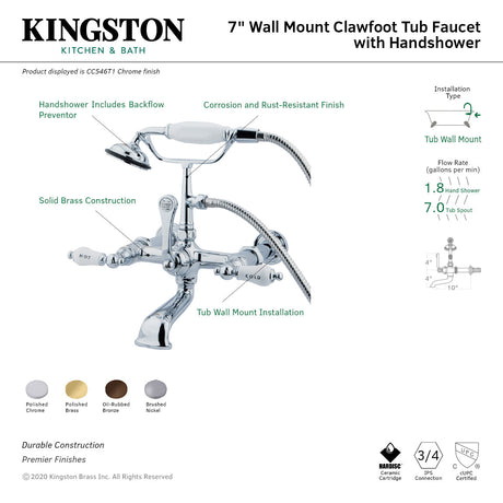 Vintage CC546T1 Three-Handle 2-Hole Tub Wall Mount Clawfoot Tub Faucet with Hand Shower, Polished Chrome