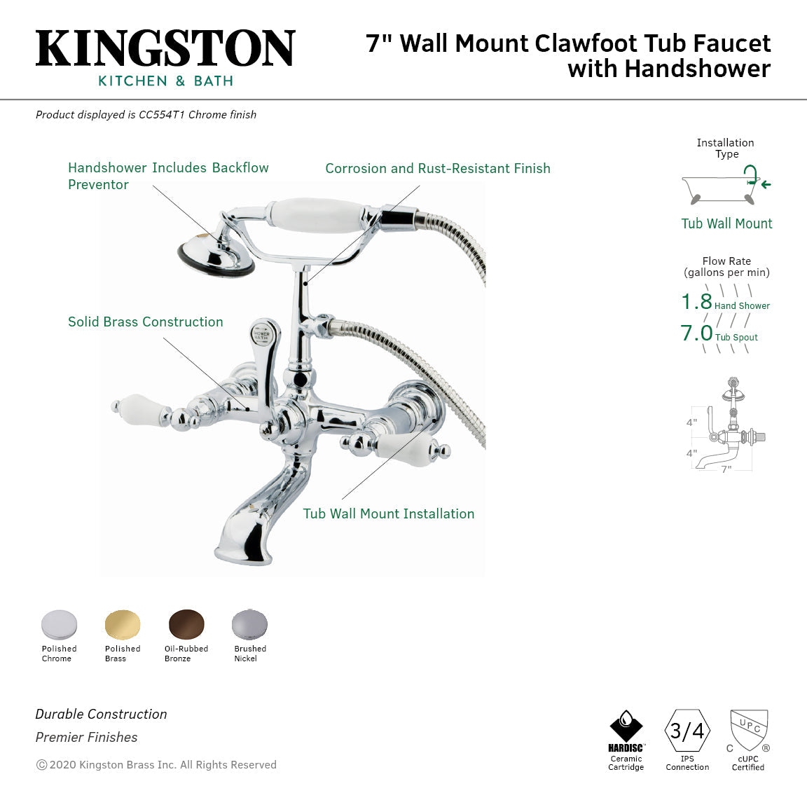 Vintage CC553T8 Three-Handle 2-Hole Tub Wall Mount Clawfoot Tub Faucet with Hand Shower, Brushed Nickel