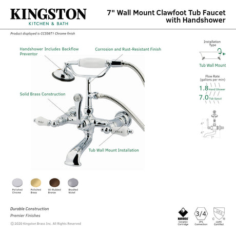 Vintage CC555T8 Three-Handle 2-Hole Tub Wall Mount Clawfoot Tub Faucet with Hand Shower, Brushed Nickel