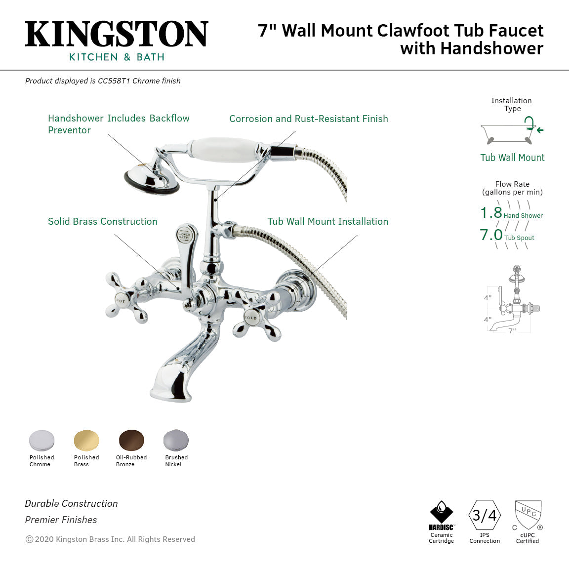 Vintage CC557T8 Three-Handle 2-Hole Tub Wall Mount Clawfoot Tub Faucet with Hand Shower, Brushed Nickel