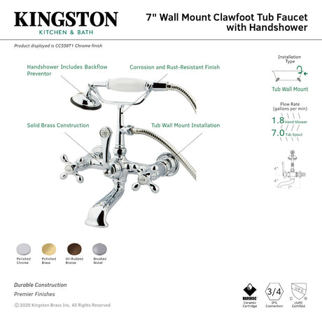 Vintage CC557T8 Three-Handle 2-Hole Tub Wall Mount Clawfoot Tub Faucet with Hand Shower, Brushed Nickel