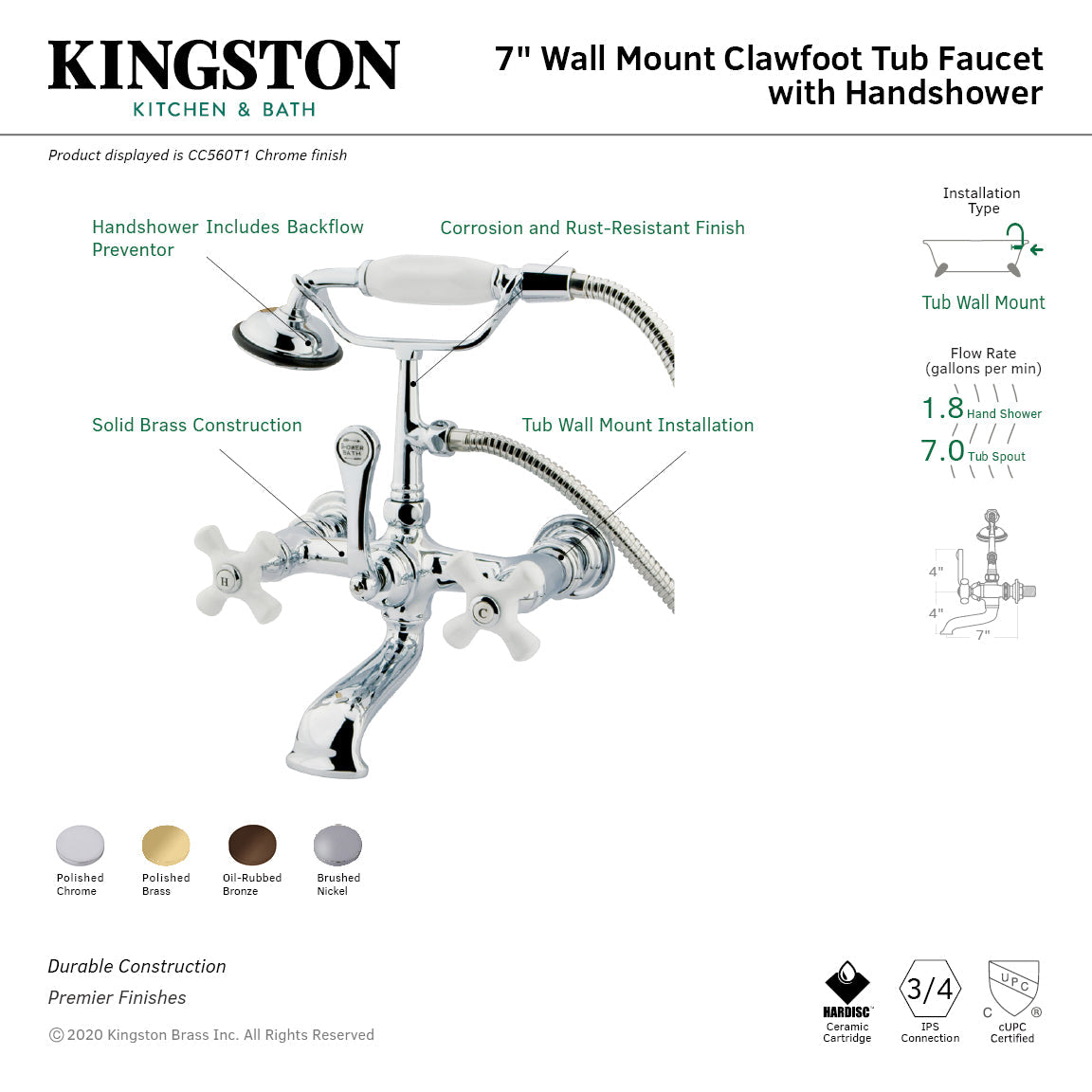 Vintage CC559T2 Three-Handle 2-Hole Tub Wall Mount Clawfoot Tub Faucet with Hand Shower, Polished Brass