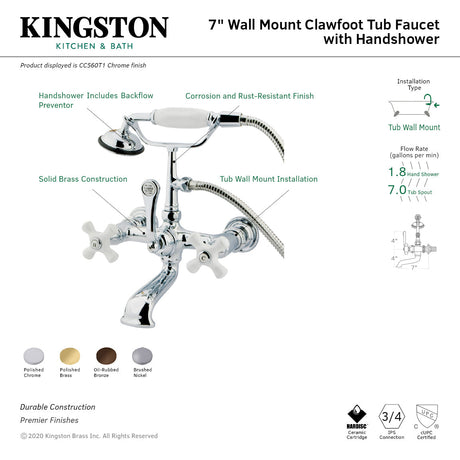 Vintage CC559T2 Three-Handle 2-Hole Tub Wall Mount Clawfoot Tub Faucet with Hand Shower, Polished Brass