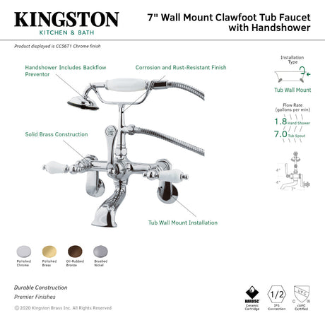 Vintage CC55T8 Three-Handle 2-Hole Tub Wall Mount Clawfoot Tub Faucet with Hand Shower, Brushed Nickel