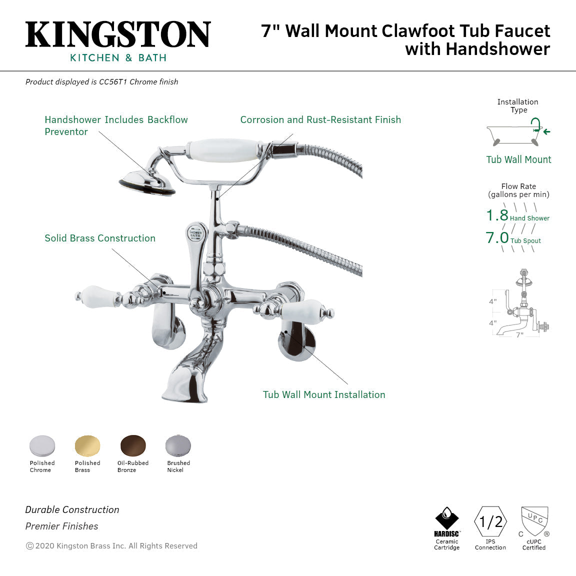 Vintage CC56T1 Three-Handle 2-Hole Tub Wall Mount Clawfoot Tub Faucet with Hand Shower, Polished Chrome