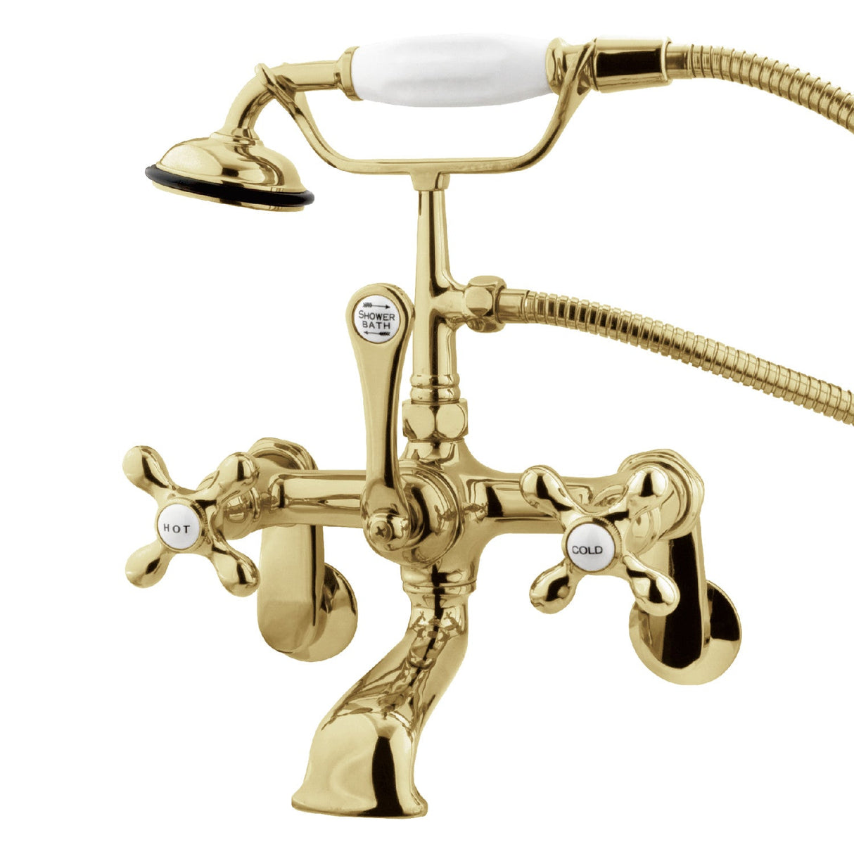 Vintage CC57T2 Three-Handle 2-Hole Tub Wall Mount Clawfoot Tub Faucet with Hand Shower, Polished Brass