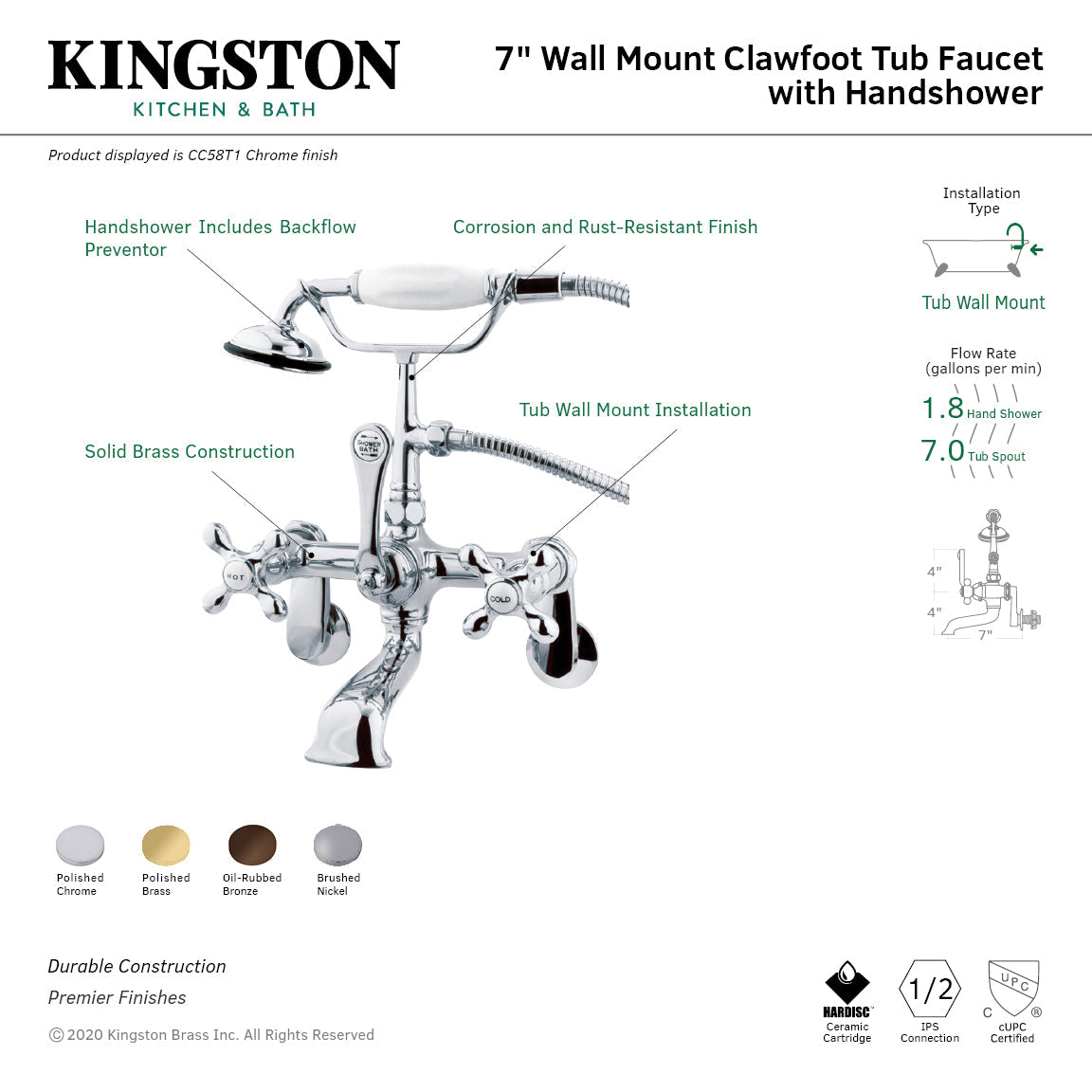 Vintage CC57T8 Three-Handle 2-Hole Tub Wall Mount Clawfoot Tub Faucet with Hand Shower, Brushed Nickel