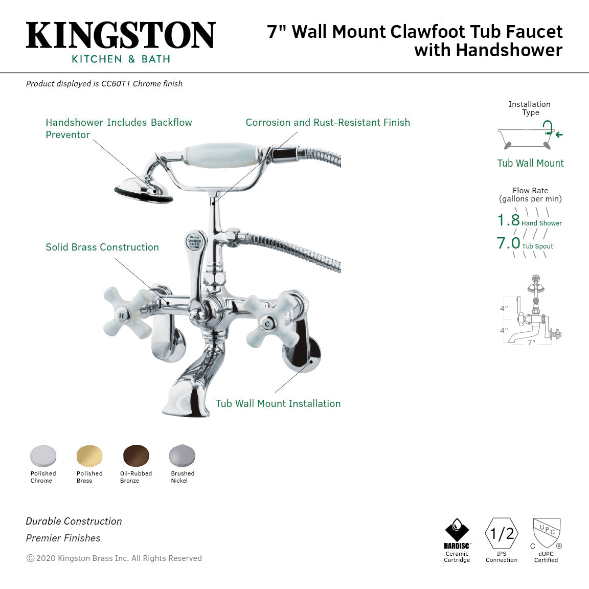 Vintage CC59T2 Three-Handle 2-Hole Tub Wall Mount Clawfoot Tub Faucet with Hand Shower, Polished Brass