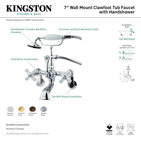 Vintage CC59T8 Three-Handle 2-Hole Tub Wall Mount Clawfoot Tub Faucet with Hand Shower, Brushed Nickel