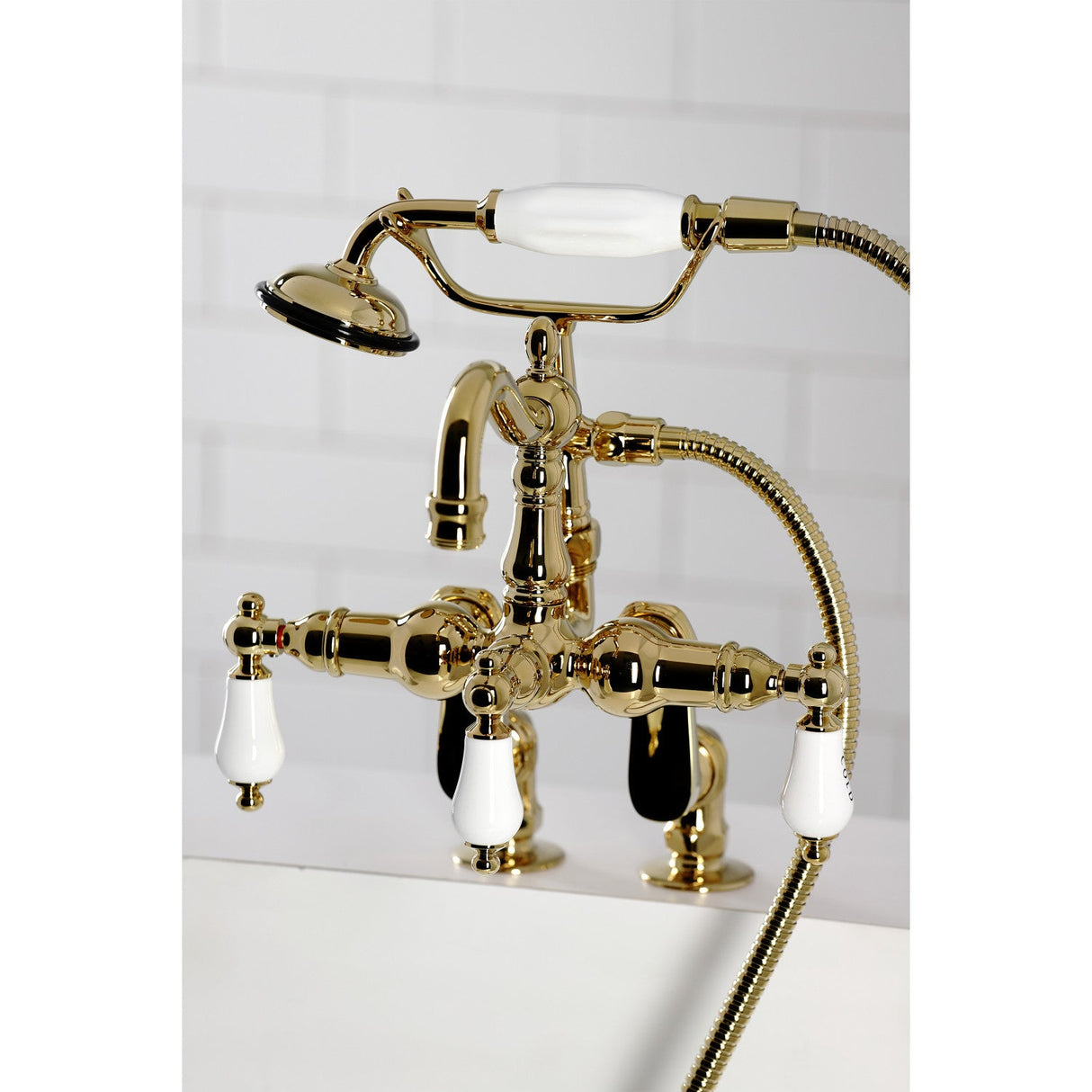 Vintage CC6017T2 Three-Handle 2-Hole Deck Mount Clawfoot Tub Faucet with Hand Shower, Polished Brass
