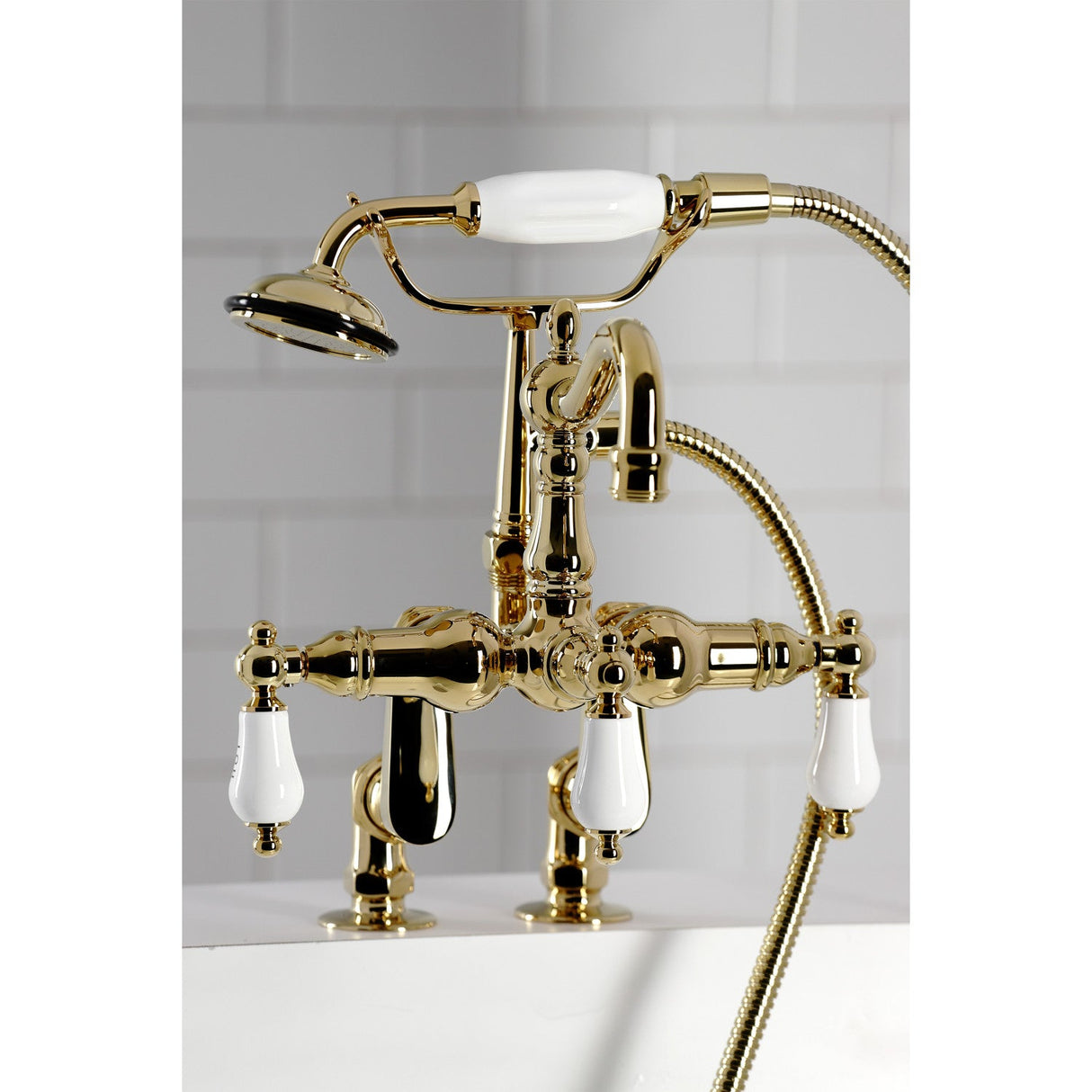Vintage CC6017T2 Three-Handle 2-Hole Deck Mount Clawfoot Tub Faucet with Hand Shower, Polished Brass