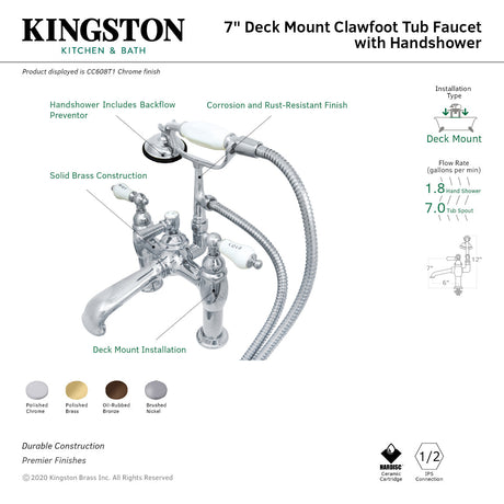 Vintage CC607T8 Three-Handle 2-Hole Deck Mount Clawfoot Tub Faucet with Hand Shower, Brushed Nickel