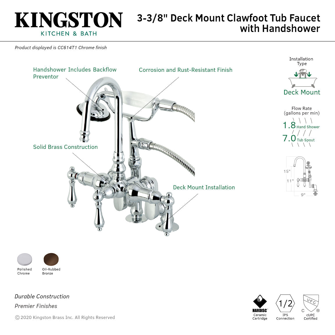 Vintage CC613T5 Three-Handle 2-Hole Deck Mount Clawfoot Tub Faucet with Hand Shower, Oil Rubbed Bronze