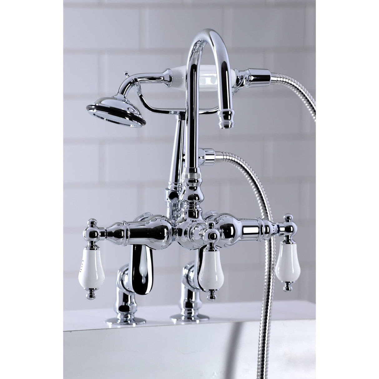 Vintage CC618T1 Three-Handle 2-Hole Deck Mount Clawfoot Tub Faucet with Hand Shower, Polished Chrome