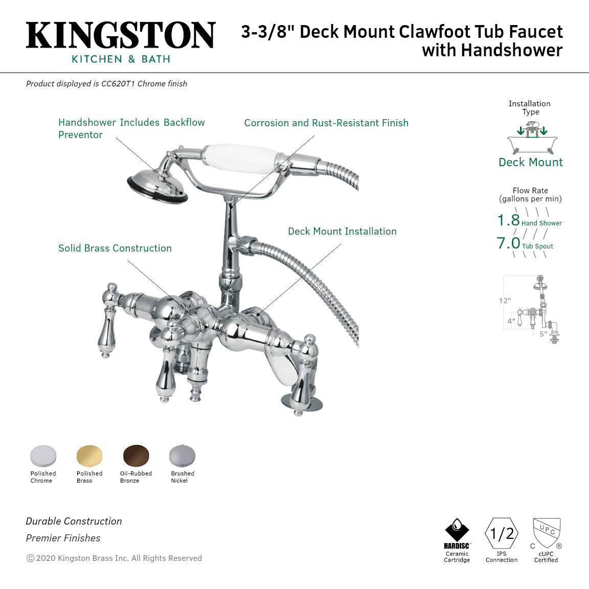 Vintage CC620T1 Three-Handle 2-Hole Deck Mount Clawfoot Tub Faucet with Hand Shower, Polished Chrome