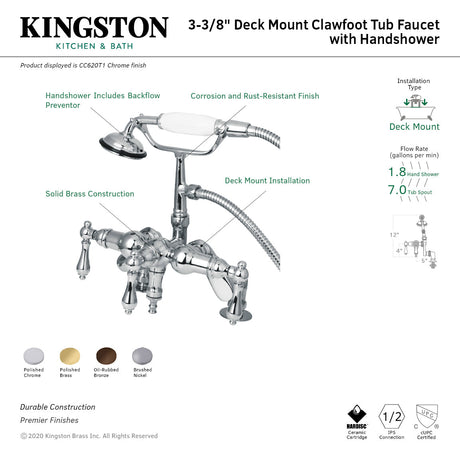Vintage CC620T1 Three-Handle 2-Hole Deck Mount Clawfoot Tub Faucet with Hand Shower, Polished Chrome