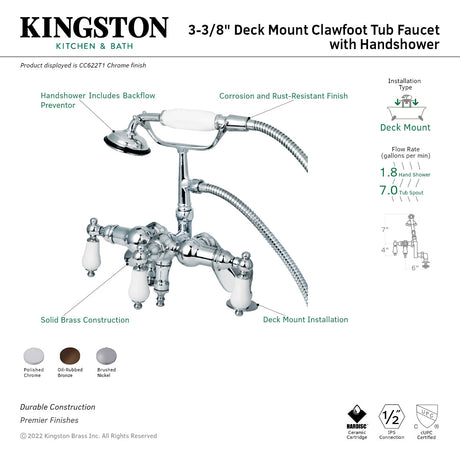 Vintage CC621T8 Three-Handle 2-Hole Deck Mount Clawfoot Tub Faucet with Hand Shower, Brushed Nickel