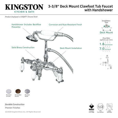 Vintage CC623T5 Three-Handle 2-Hole Deck Mount Clawfoot Tub Faucet with Hand Shower, Oil Rubbed Bronze