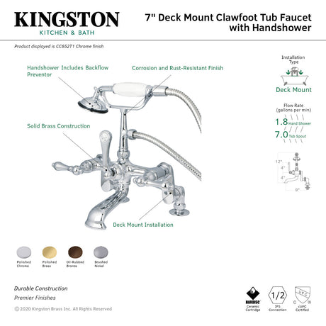 Vintage CC652T1 Three-Handle 2-Hole Deck Mount Clawfoot Tub Faucet with Hand Shower, Polished Chrome
