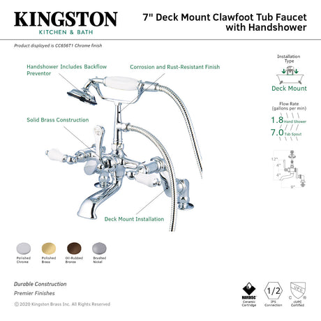 Vintage CC655T2 Three-Handle 2-Hole Deck Mount Clawfoot Tub Faucet with Hand Shower, Polished Brass