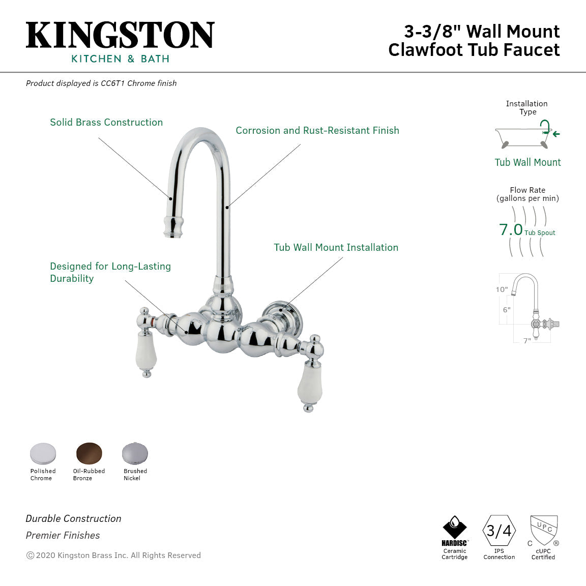 Vintage CC6T1 Two-Handle 2-Hole Tub Wall Mount Clawfoot Tub Faucet, Polished Chrome
