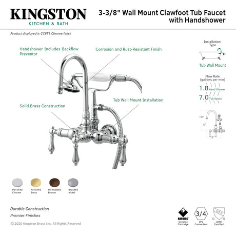 Vintage CC7T5 Three-Handle 2-Hole Tub Wall Mount Clawfoot Tub Faucet with Hand Shower, Oil Rubbed Bronze