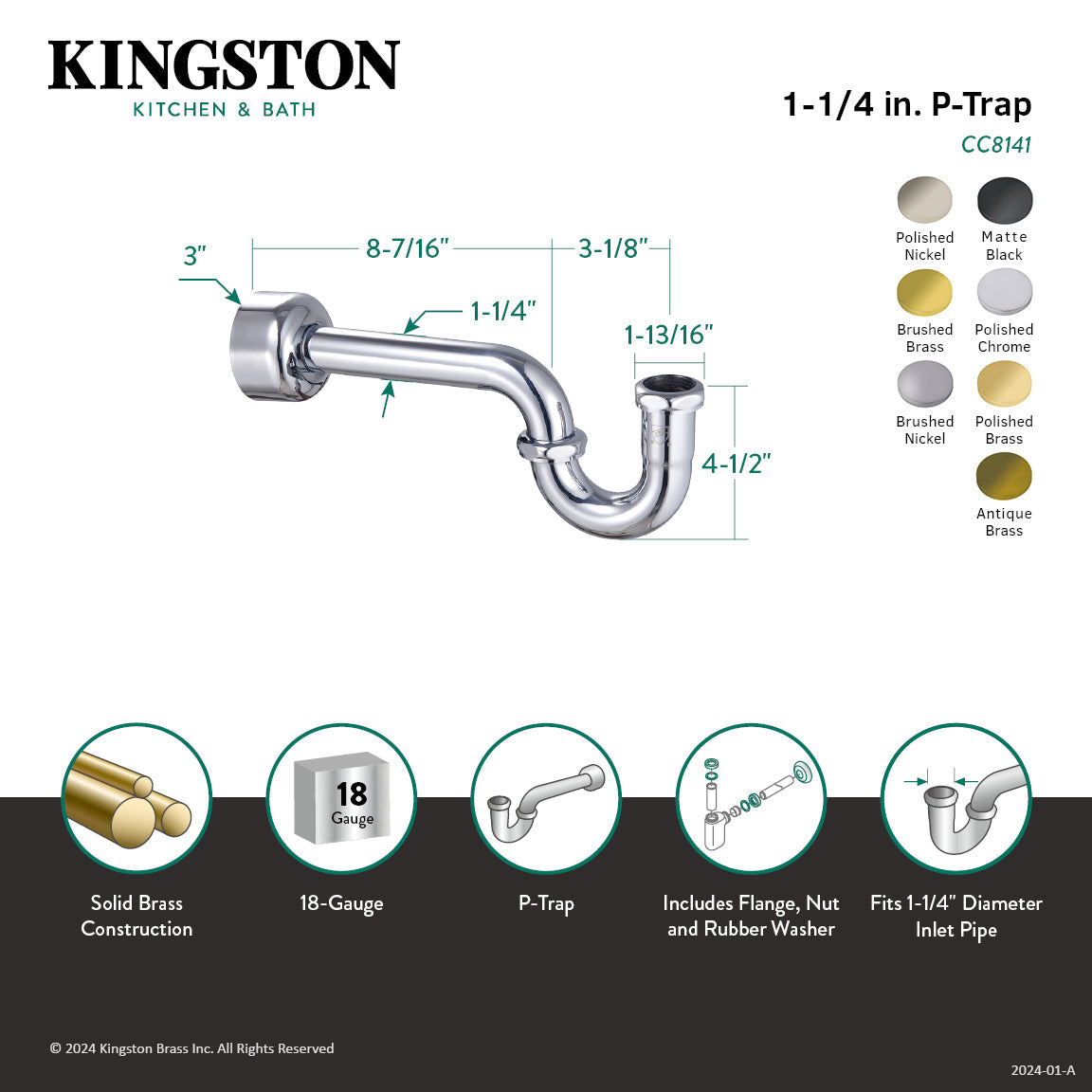 Circlet CC8143 1-1/4-inch Brass P-Trap, 18 Gauge, Antique Brass