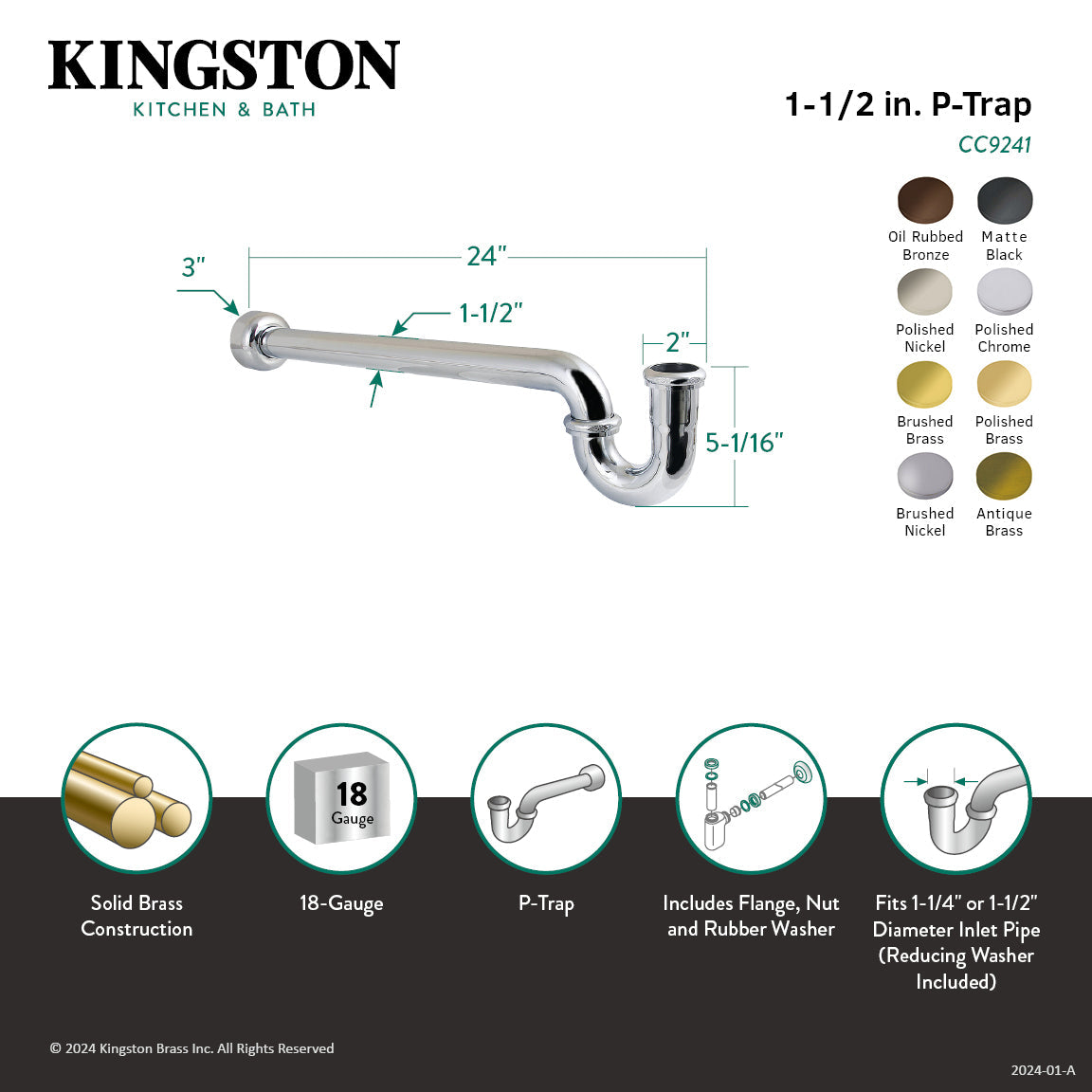 Trimscape CC9248 1-1/4 (or 1-1/2) x 1-1/2 Inch Decor P-Trap with High Box Flange, 24 Inch Length, 18 Gauge, Brushed Nickel