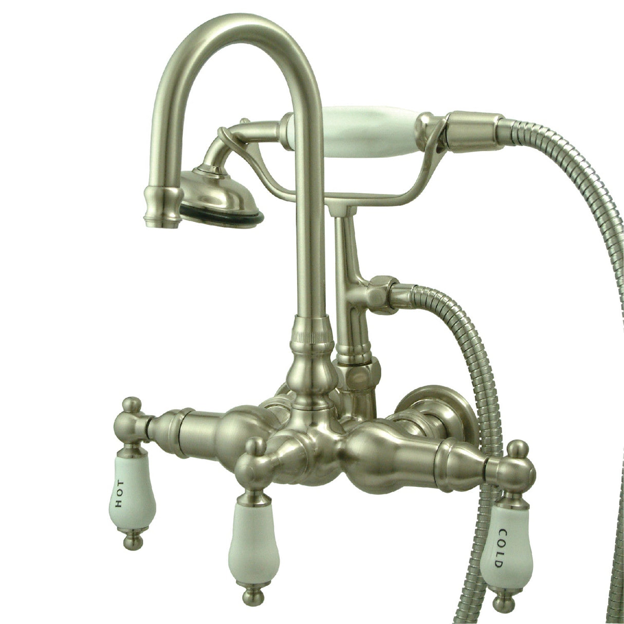 Vintage CC9T8 Three-Handle 2-Hole Tub Wall Mount Clawfoot Tub Faucet with Hand Shower, Brushed Nickel