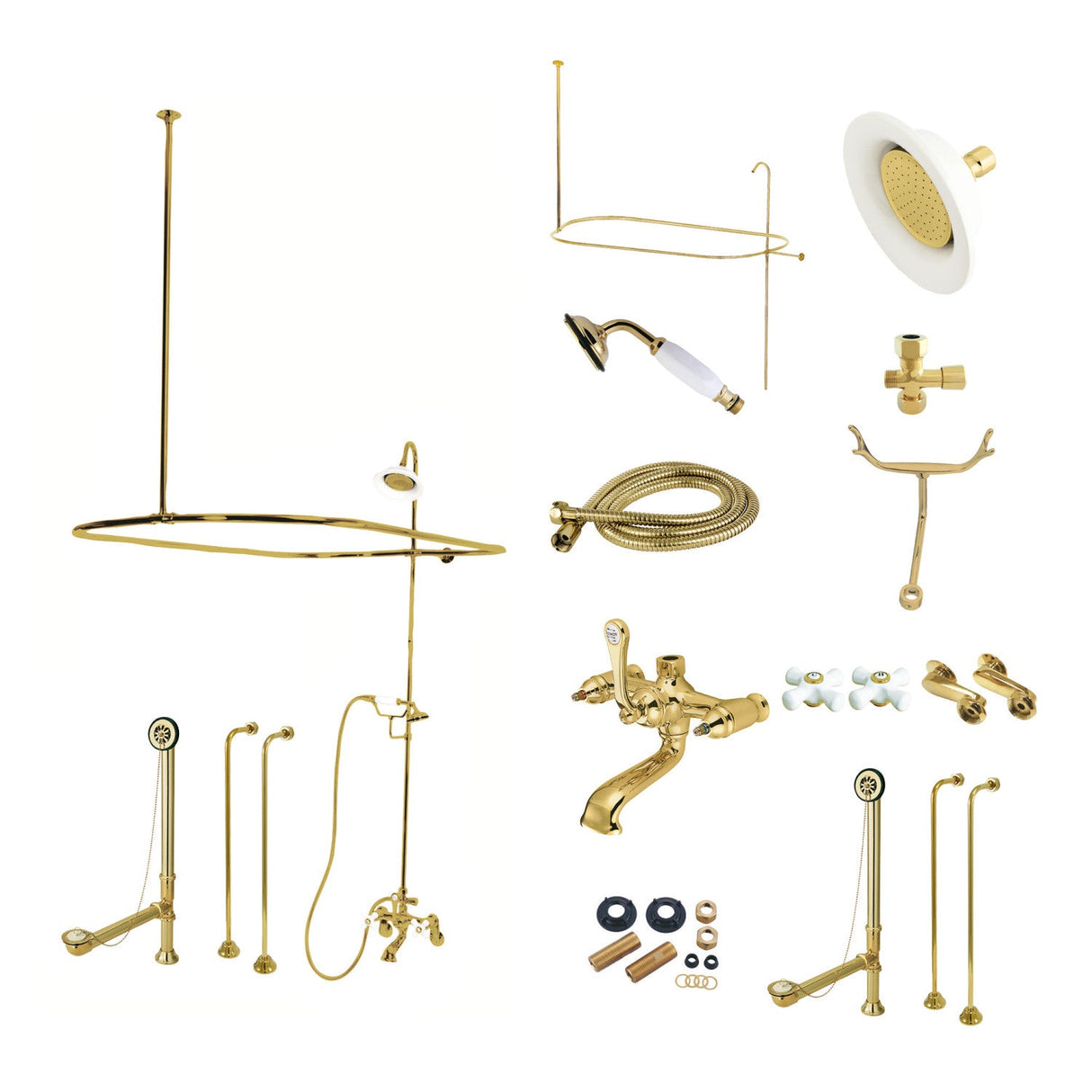 Vintage CCK1142PX Three-Handle 2-Hole Tub Wall Mount Clawfoot Tub Faucet Package with Shower Enclosure, Polished Brass