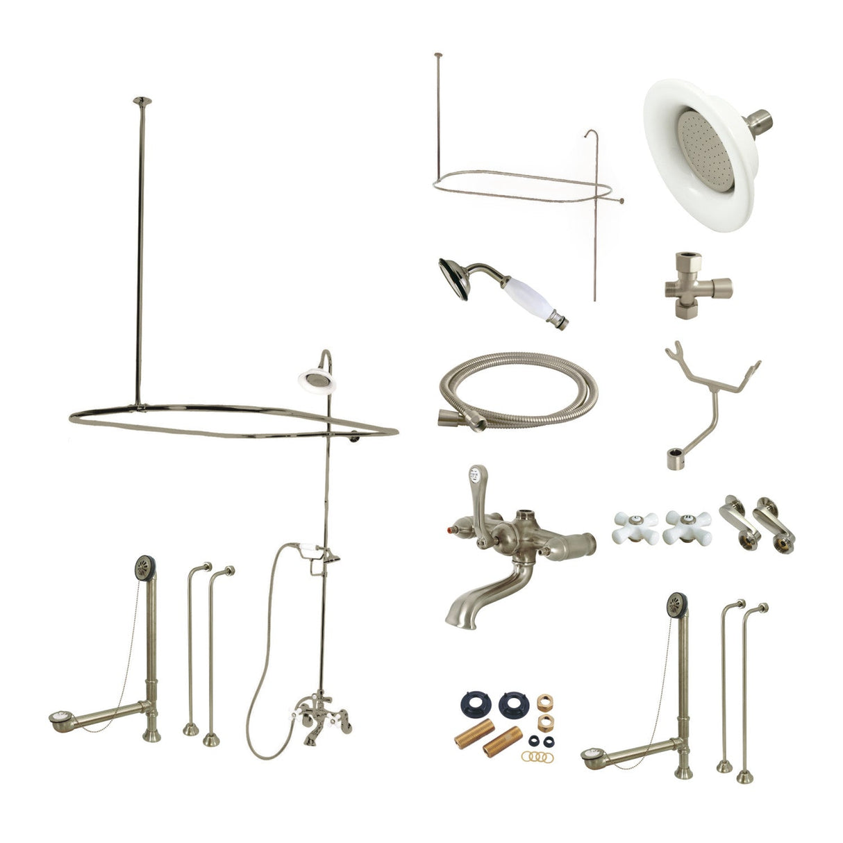 Vintage CCK1148PX Three-Handle 2-Hole Tub Wall Mount Clawfoot Tub Faucet Package with Shower Enclosure, Brushed Nickel