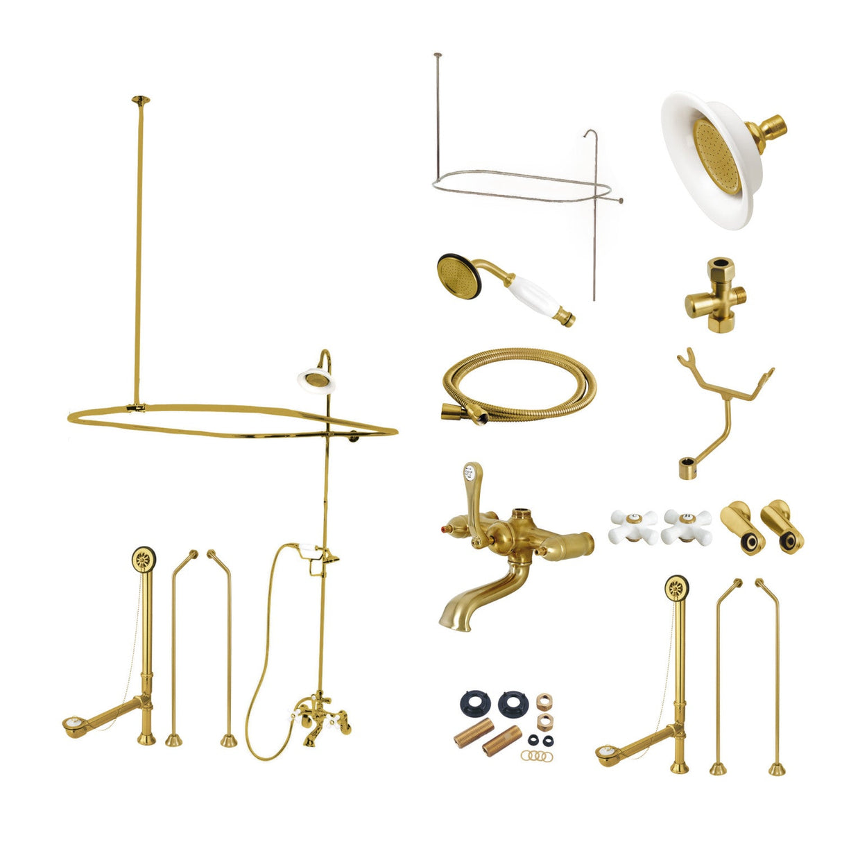 Vintage CCK1187PX Three-Handle 2-Hole Tub Wall Mount Clawfoot Tub Faucet Package with Shower Enclosure, Brushed Brass