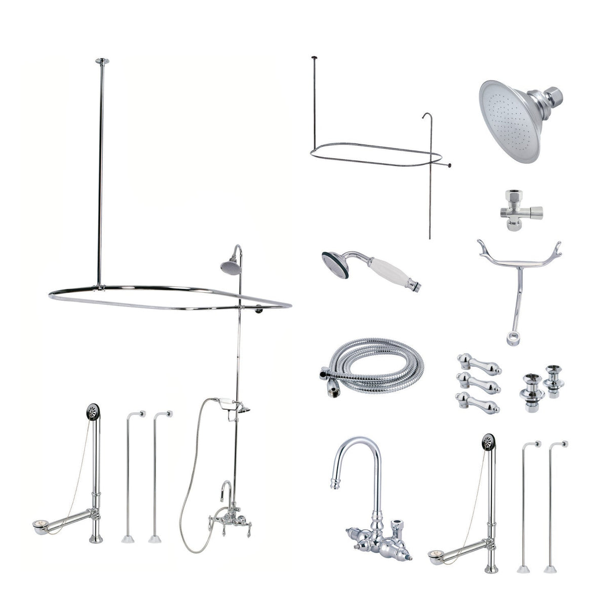 Vintage CCK2141AL Three-Handle 2-Hole Tub Wall Mount Clawfoot Tub Faucet Package with Shower Enclosure, Polished Chrome