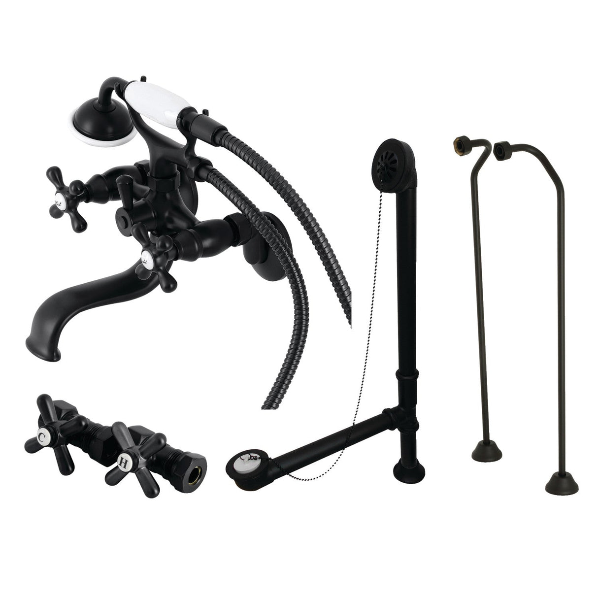 Vintage CCK225MBD Three-Handle 2-Hole Tub Wall Mount Clawfoot Tub Faucet Package with Supply Line and Tub Drain, Matte Black