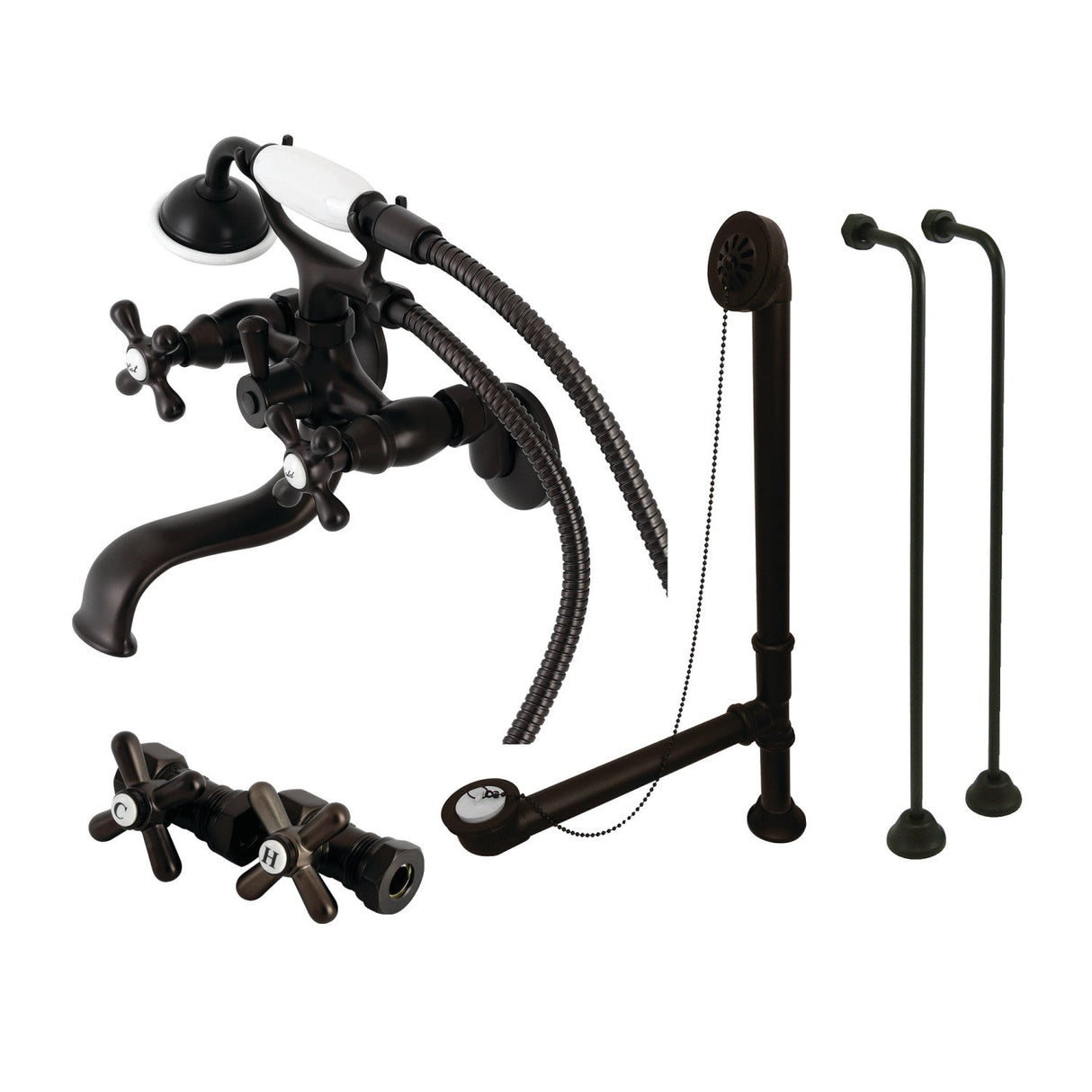 Vintage CCK225ORB Three-Handle 2-Hole Tub Wall Mount Clawfoot Tub Faucet Package with Supply Line and Tub Drain, Oil Rubbed Bronze