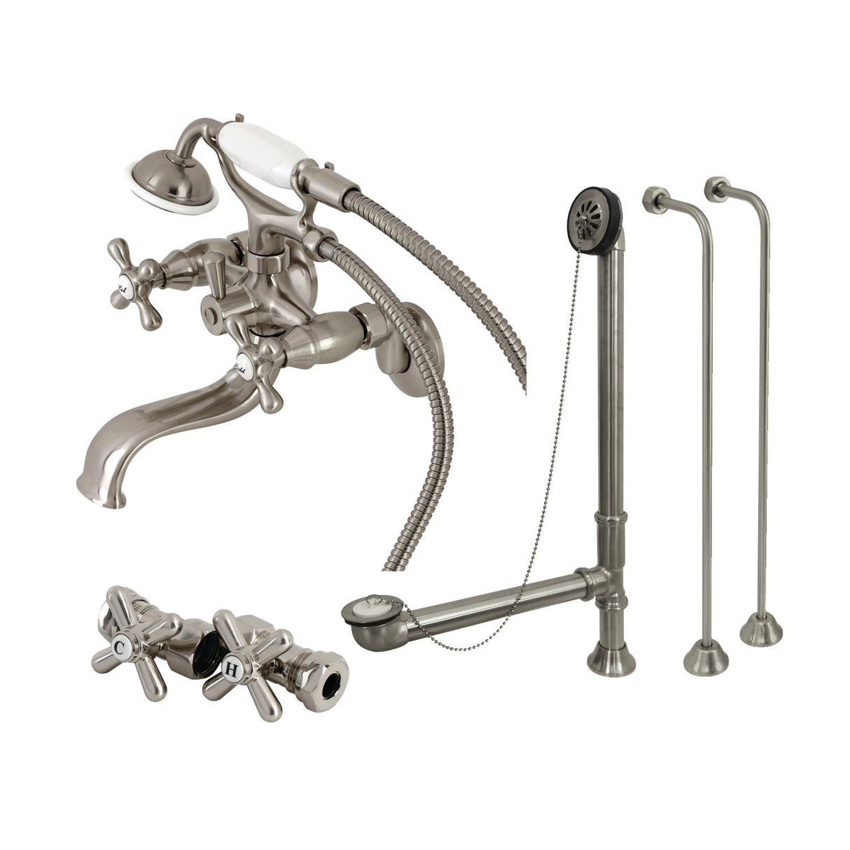 Vintage CCK225SN Three-Handle 2-Hole Tub Wall Mount Clawfoot Tub Faucet Package with Supply Line and Tub Drain, Brushed Nickel