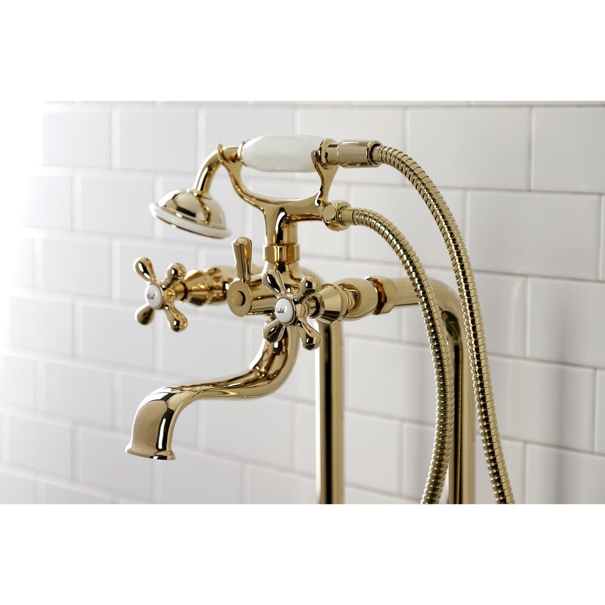 Kingston CCK226K2 Three-Handle 2-Hole Freestanding Clawfoot Tub Faucet Package with Supply Line and Stop Valve, Polished Brass