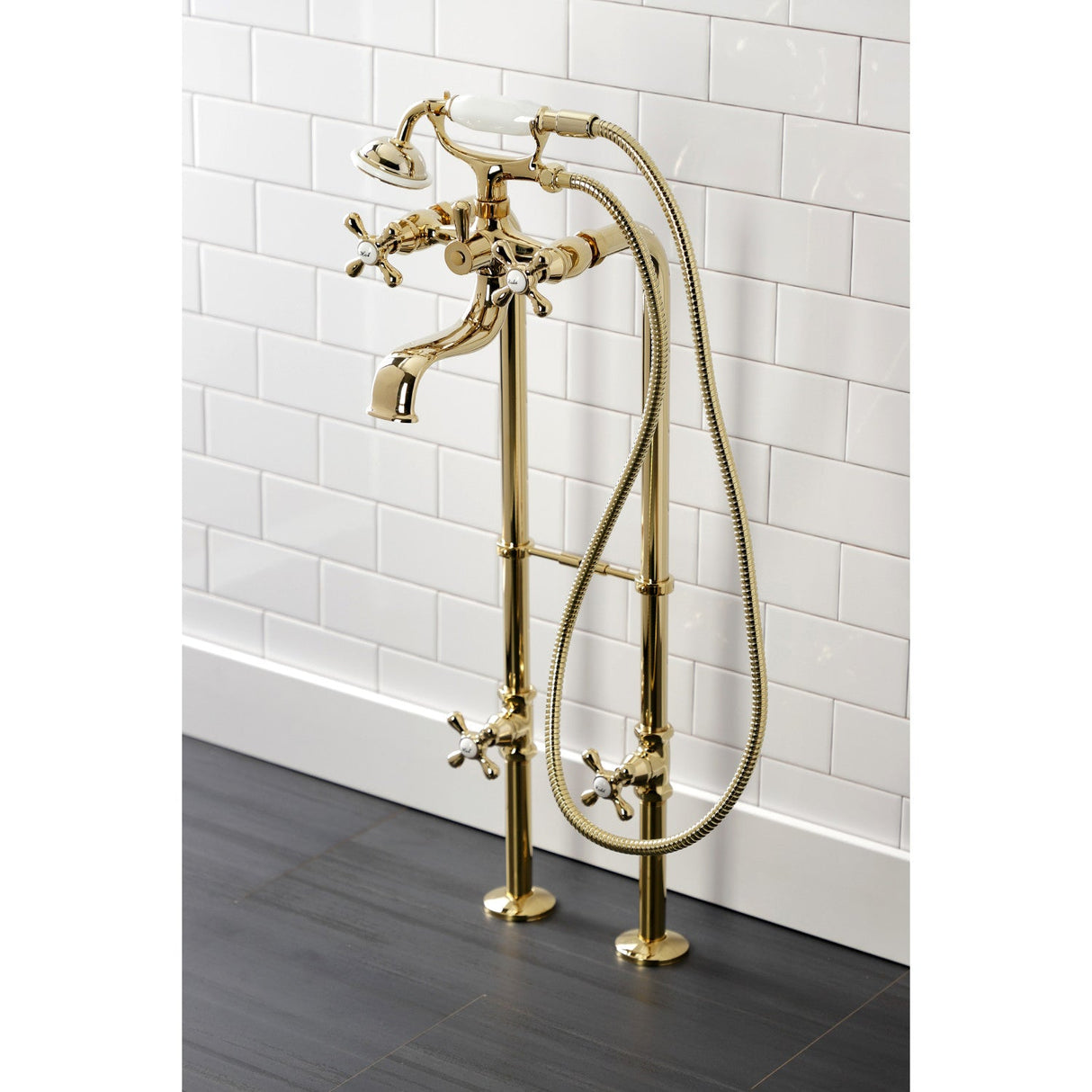 Kingston CCK226K2 Three-Handle 2-Hole Freestanding Clawfoot Tub Faucet Package with Supply Line and Stop Valve, Polished Brass